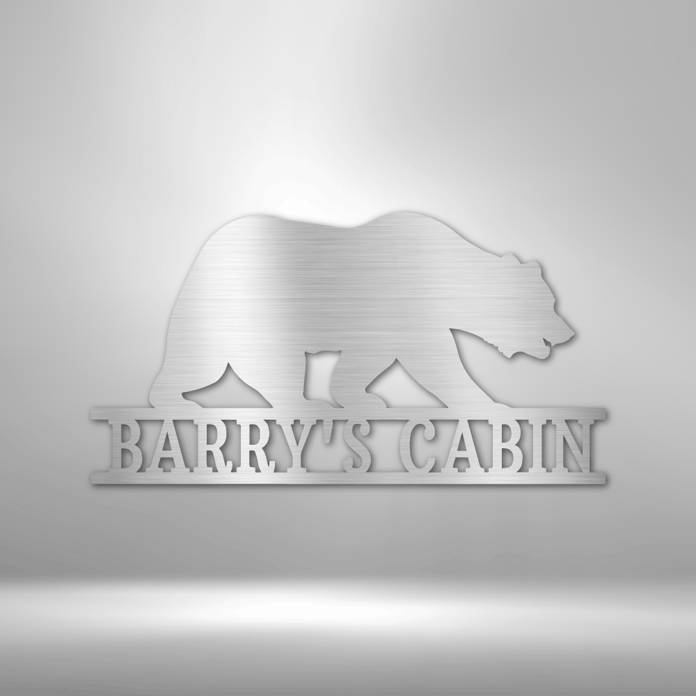 Bear Monogram Customizable Laser-Cut Steel Sign featuring a poised bear silhouette with "Barry's Cabin" text.