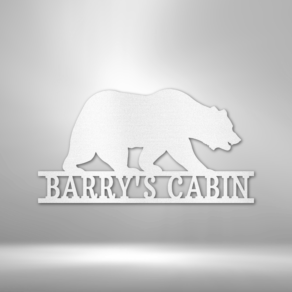 Customizable bear monogram laser-cut steel sign with family name engraving.