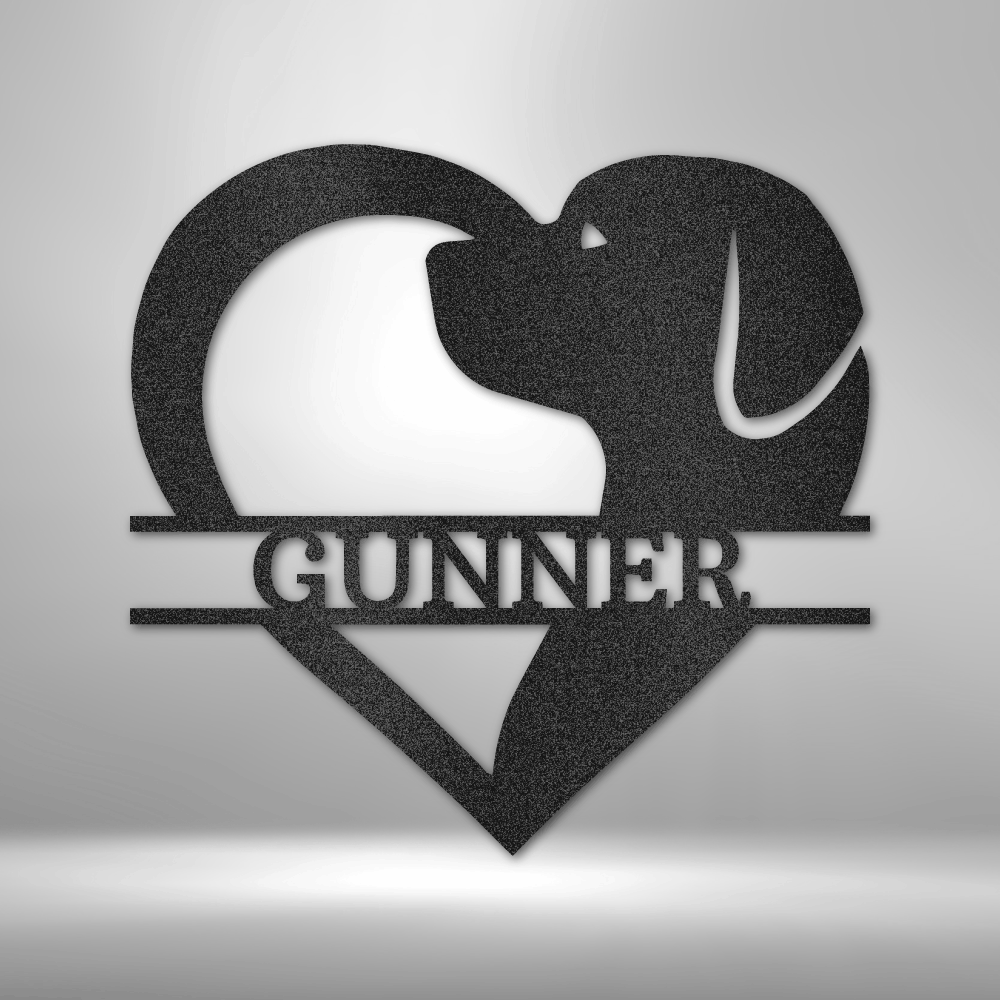 Dog Love Monogram - Customizable Laser-Cut Steel Sign with heart-shaped design featuring a dog silhouette and name space.