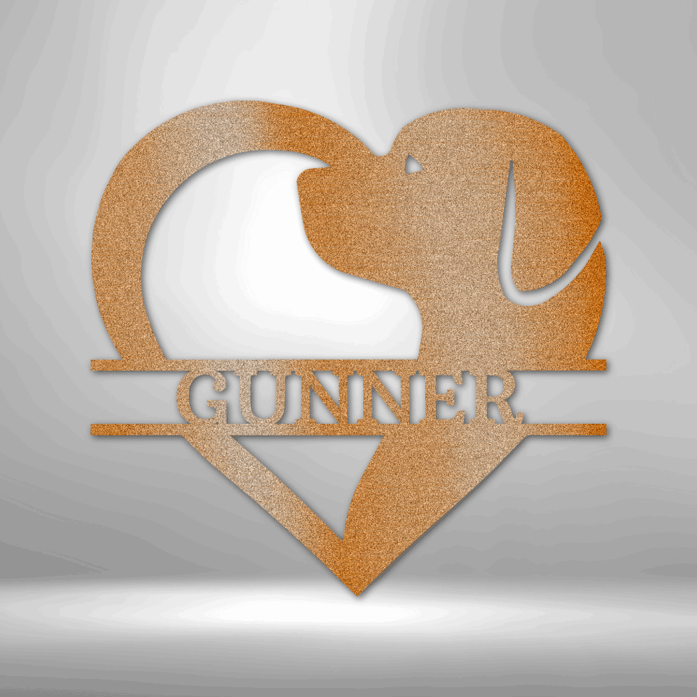 Customizable laser-cut steel sign with dog love monogram and heart shape design.