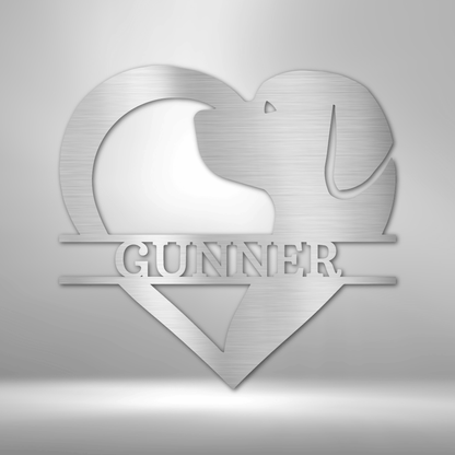 Customizable laser-cut steel sign with dog silhouette and heart shape, featuring "GUNNER" text.