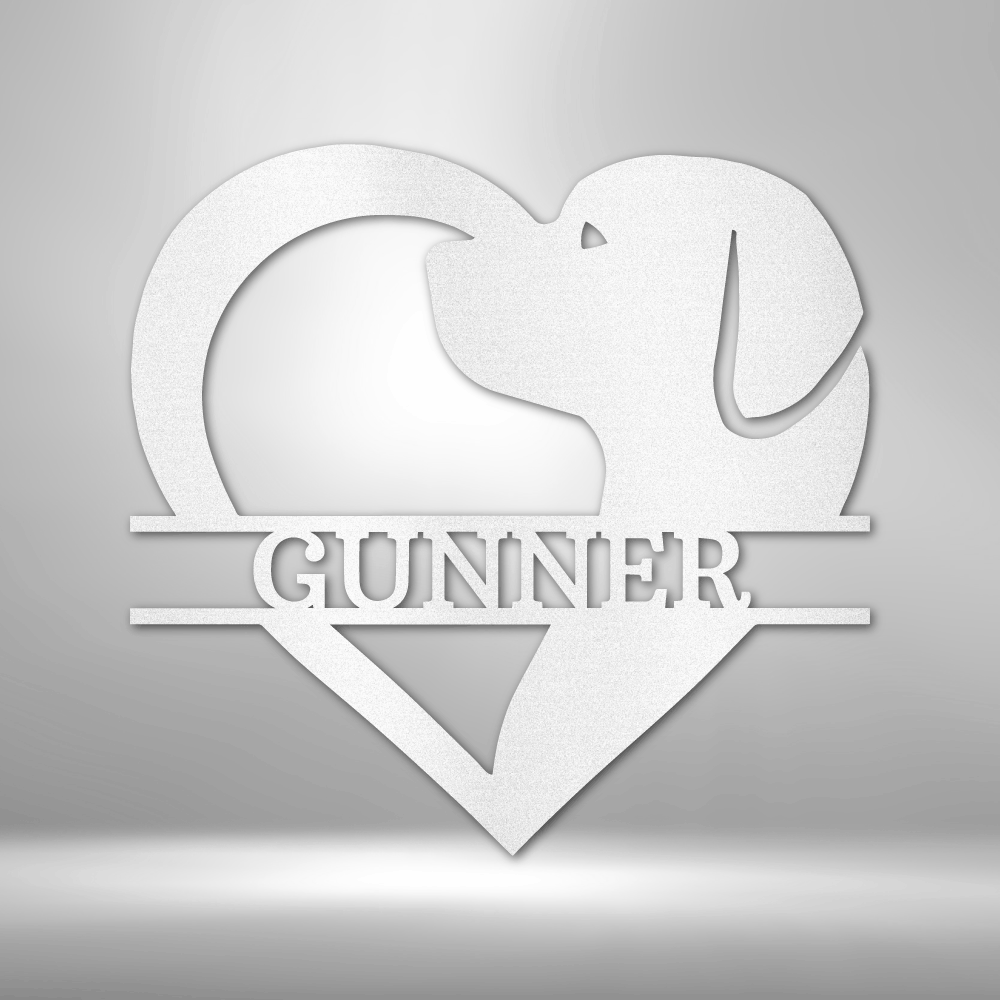 Dog Love Monogram customizable laser-cut steel sign with heart and dog silhouette design.