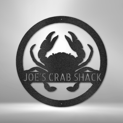 Customizable laser-cut steel sign with crab monogram design, ideal for coastal decor.