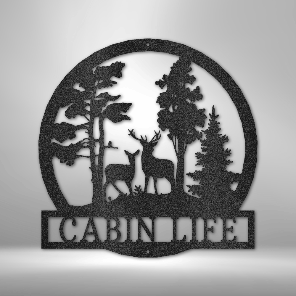 Customizable laser-cut steel sign featuring deer in the woods design.