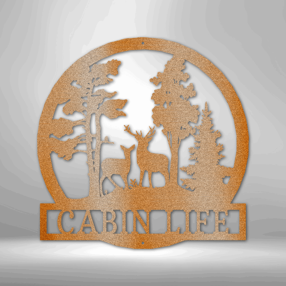 Customizable laser-cut steel sign featuring deer in the woods design.