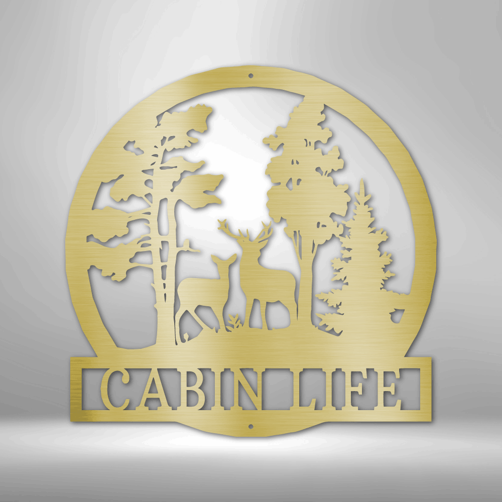 Customizable laser-cut steel sign featuring deer in the woods, with personalization space.