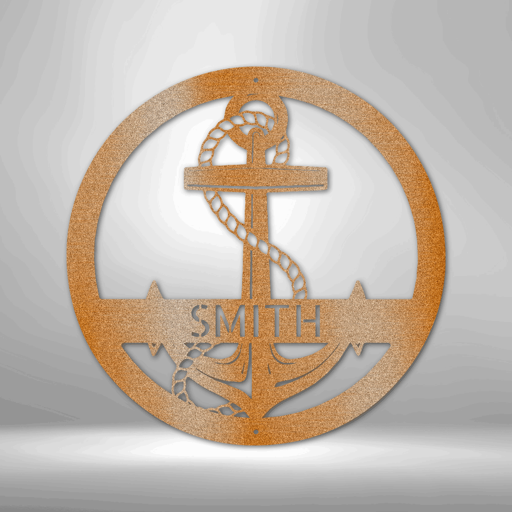 Elaborate anchor customizable laser-cut steel sign with round design and personalized name.