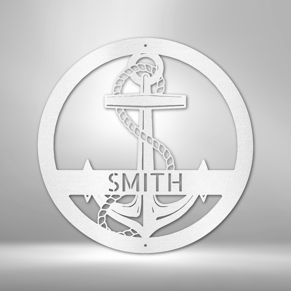 Customizable laser-cut steel anchor sign featuring personalized text in a nautical theme.