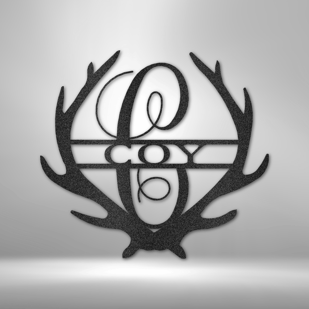 Antler Monogram - Customizable Laser-Cut Steel Sign with antler motif, personalized for home or cabin décor.