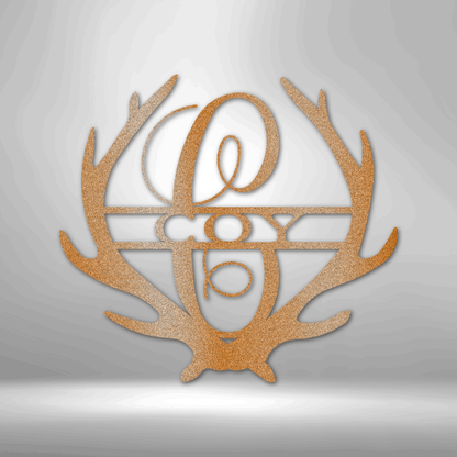 Antler Monogram customizable laser-cut steel sign with rustic antler motif.