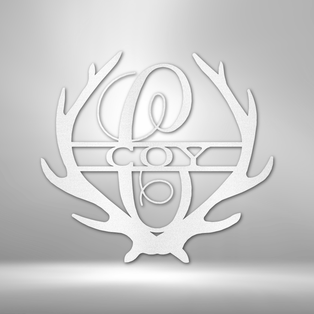 Antler Monogram Customizable Laser-Cut Steel Sign with rustic charm and family name space.